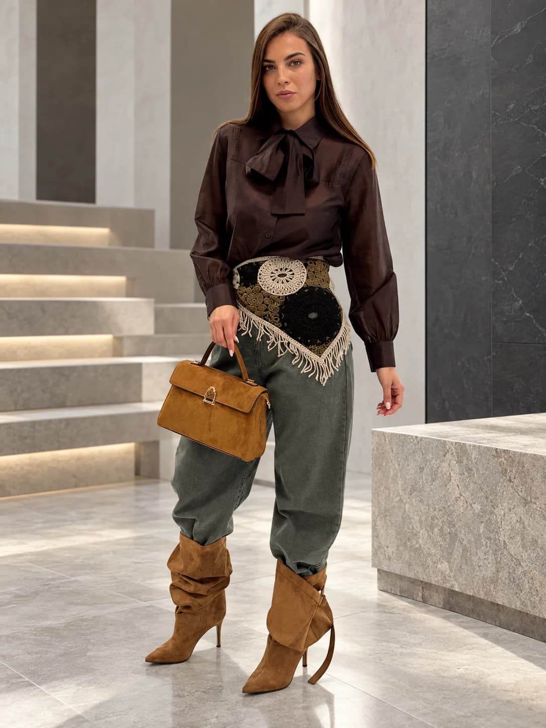 Ketrin braon bluza, čizme i torba